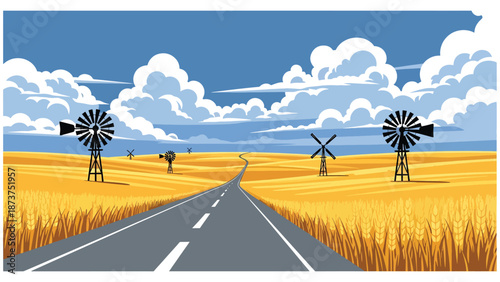 Flat vector illustration of Kansas plains featuring golden wheat fields, windmills, long roads, and big skies, iconic open prairie scenery in clean solid colors