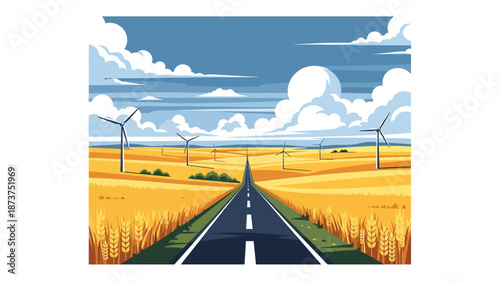 Flat vector illustration of Kansas plains featuring golden wheat fields, windmills, long roads, and big skies, iconic open prairie scenery in clean solid colors