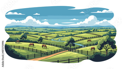 Flat vector illustration of Kentucky landscape with rolling green hills, horse pastures, wooden fences, and winding streams, countryside charm in solid flat vector style