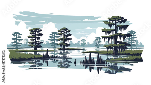 Flat vector illustration of Louisiana bayou landscape with wetlands, cypress trees, calm waterways, and southern swamp atmosphere, natural scenery in solid colors