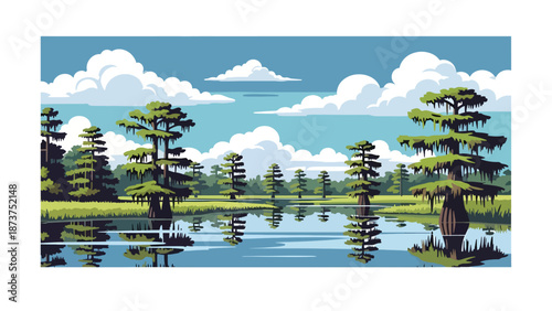 Flat vector illustration of Louisiana bayou landscape with wetlands, cypress trees, calm waterways, and southern swamp atmosphere, natural scenery in solid colors