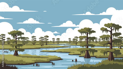 Flat vector illustration of Louisiana bayou landscape with wetlands, cypress trees, calm waterways, and southern swamp atmosphere, natural scenery in solid colors