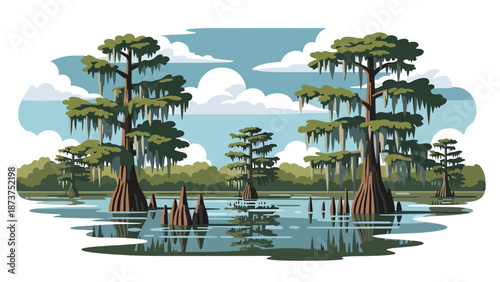 Flat vector illustration of Louisiana bayou landscape with wetlands, cypress trees, calm waterways, and southern swamp atmosphere, natural scenery in solid colors