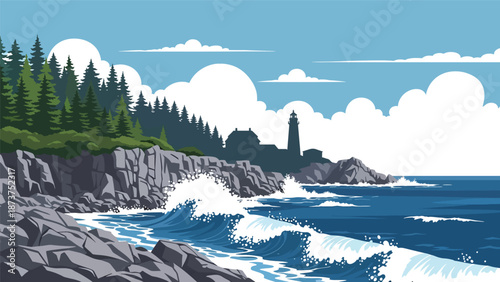 Flat vector illustration of Maine coastline with rocky shores, pine forests, ocean waves, and lighthouse silhouette, rugged northeastern scenery in solid flat colors