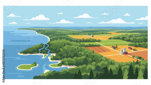 Flat vector illustration of Maryland landscape combining coastal bays, rivers, forests, and farmland, balanced land and water scenery in clean flat vector style