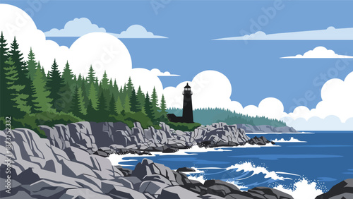 Flat vector illustration of Maine coastline with rocky shores, pine forests, ocean waves, and lighthouse silhouette, rugged northeastern scenery in solid flat colors