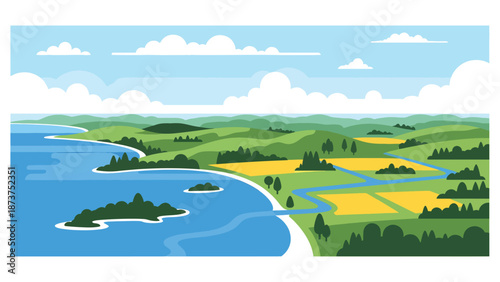 Flat vector illustration of Maryland landscape combining coastal bays, rivers, forests, and farmland, balanced land and water scenery in clean flat vector style