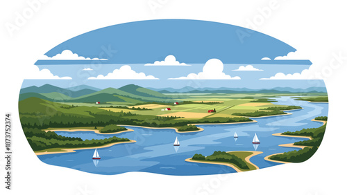 Flat vector illustration of Maryland landscape combining coastal bays, rivers, forests, and farmland, balanced land and water scenery in clean flat vector style