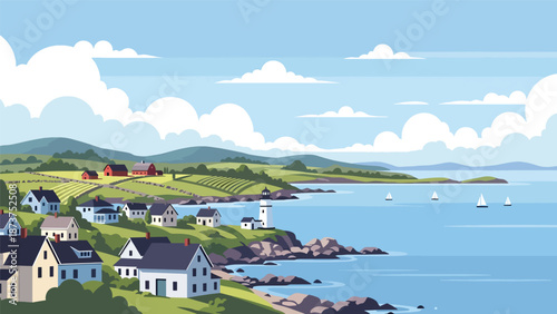 Flat vector illustration of Massachusetts coastal landscape with rocky shores, ocean views, historic towns, and countryside elements, classic New England scenery in solid colors