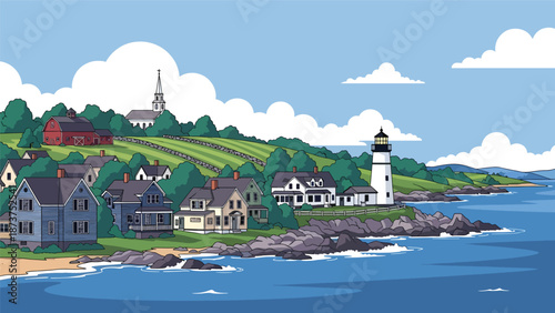 Flat vector illustration of Massachusetts coastal landscape with rocky shores, ocean views, historic towns, and countryside elements, classic New England scenery in solid colors