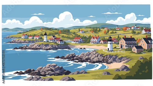Flat vector illustration of Massachusetts coastal landscape with rocky shores, ocean views, historic towns, and countryside elements, classic New England scenery in solid colors
