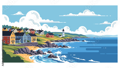Flat vector illustration of Massachusetts coastal landscape with rocky shores, ocean views, historic towns, and countryside elements, classic New England scenery in solid colors