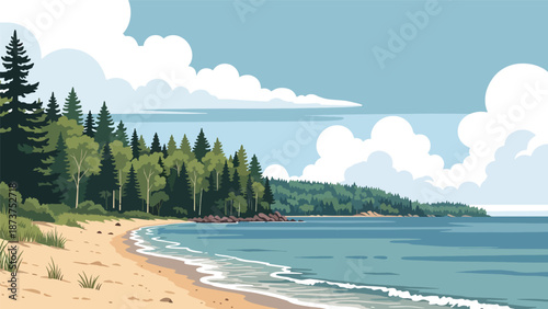 Flat vector illustration of Michigan Great Lakes landscape with sandy beaches, forests, calm freshwater shores, and open skies, scenic northern travel theme