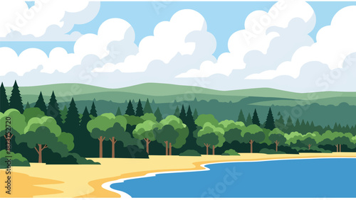 Flat vector illustration of Michigan Great Lakes landscape with sandy beaches, forests, calm freshwater shores, and open skies, scenic northern travel theme