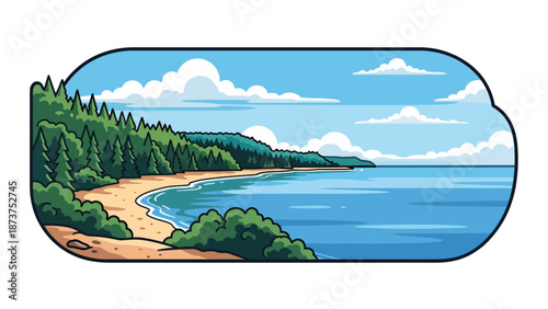 Flat vector illustration of Michigan Great Lakes landscape with sandy beaches, forests, calm freshwater shores, and open skies, scenic northern travel theme