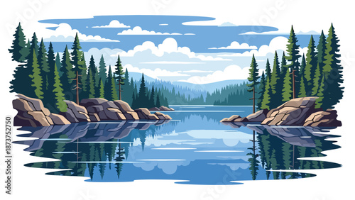 Flat vector illustration of Minnesota nature landscape featuring lakes, pine forests, rocky shores, and peaceful northern scenery, rendered in clean solid flat colors