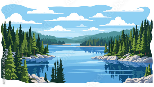 Flat vector illustration of Minnesota nature landscape featuring lakes, pine forests, rocky shores, and peaceful northern scenery, rendered in clean solid flat colors