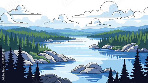 Flat vector illustration of Minnesota nature landscape featuring lakes, pine forests, rocky shores, and peaceful northern scenery, rendered in clean solid flat colors