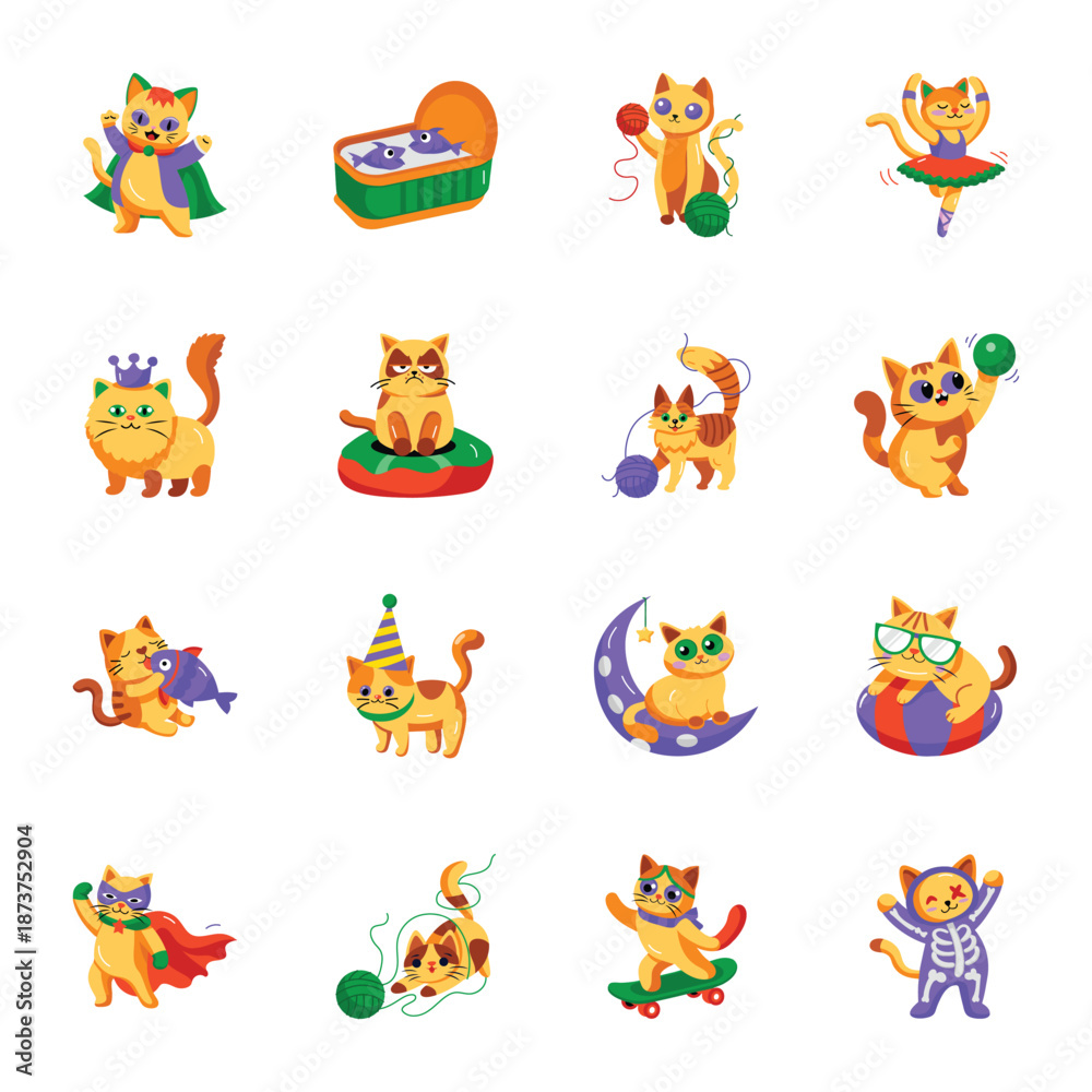 Fototapeta premium Collection of Cats Flat Style Icons 