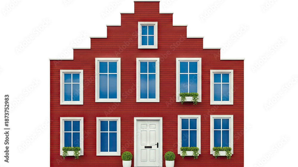 Obraz premium Red Gabled House with White Windows and Planters
