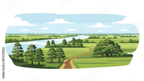 Flat vector illustration of Mississippi countryside with wide rivers, farmland, trees, and rural roads, calm southern landscape in solid colors and clean outlines