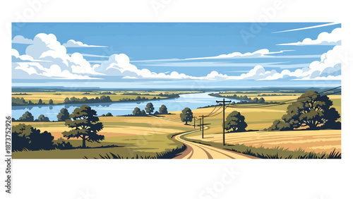 Flat vector illustration of Mississippi countryside with wide rivers, farmland, trees, and rural roads, calm southern landscape in solid colors and clean outlines