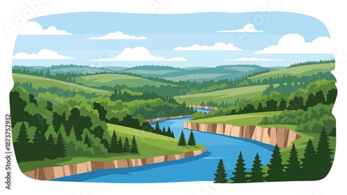 Flat vector illustration of Missouri landscape with rolling hills, forests, winding rivers, and limestone bluffs, central U.S. scenery in clean flat vector style