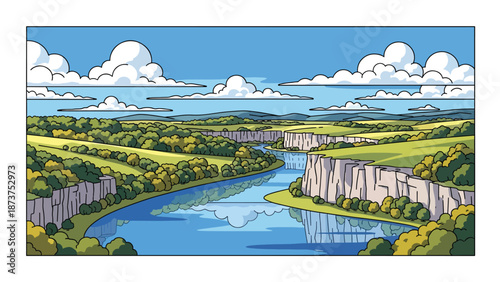 Flat vector illustration of Missouri landscape with rolling hills, forests, winding rivers, and limestone bluffs, central U.S. scenery in clean flat vector style