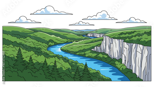 Flat vector illustration of Missouri landscape with rolling hills, forests, winding rivers, and limestone bluffs, central U.S. scenery in clean flat vector style