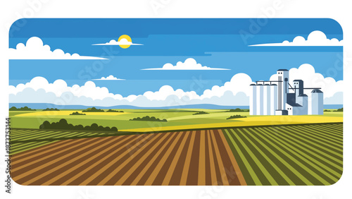Flat vector illustration of Nebraska plains with farmland, grain silos, long horizons, and expansive skies, minimalist prairie scenery in solid flat vector style