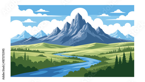 Flat vector illustration of Montana wilderness featuring vast plains, dramatic mountain ranges, rivers, and open skies, untouched western scenery in solid flat colors