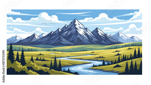 Flat vector illustration of Montana wilderness featuring vast plains, dramatic mountain ranges, rivers, and open skies, untouched western scenery in solid flat colors