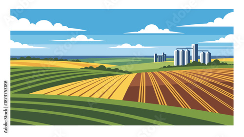 Flat vector illustration of Nebraska plains with farmland, grain silos, long horizons, and expansive skies, minimalist prairie scenery in solid flat vector style