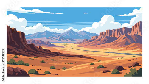 Flat vector illustration of Nevada desert landscape with rocky mountains, dry valleys, distant highways, and wide skies, arid western scenery in solid colors