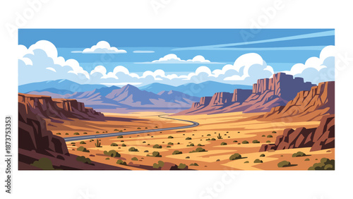 Flat vector illustration of Nevada desert landscape with rocky mountains, dry valleys, distant highways, and wide skies, arid western scenery in solid colors