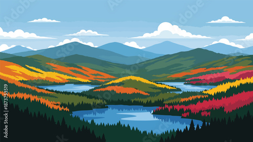 Flat vector illustration of New Hampshire landscape with forested mountains, lakes, and peaceful countryside, classic New England nature scenery in solid flat colors