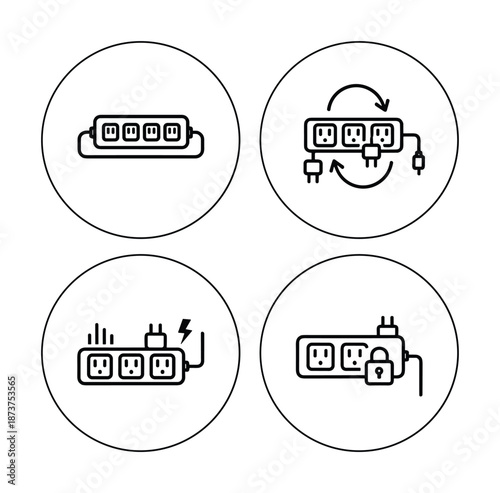 Power strip outlet icons set, electrical surge protector with plugs and power consumption symbols