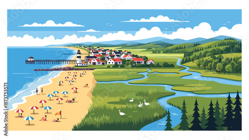 Flat vector illustration of New Jersey landscape combining sandy beaches, wetlands, coastal towns, and inland countryside, diverse scenery in clean flat vector style