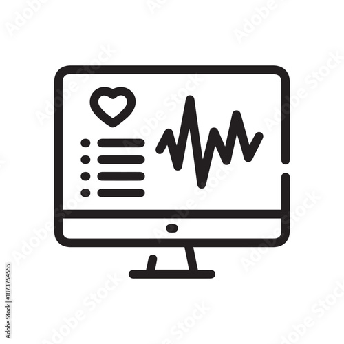 Online medical report and results line icon. Computer monitor with pulse and health status vector outline sign.
