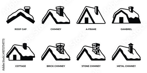 Roof Styles Vector Illustration: Roof Cap, Chimney, A-Frame, Gambrel, Cottage, Brick, Stone, and Metal Chimney Icons Set