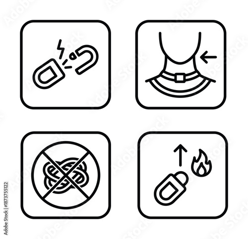 Safety warning signs illustration set. No magnetic connection, strangulation, tangled rope, fire hazard.