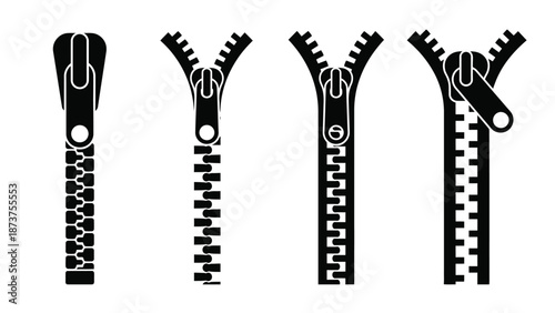 A set of black and white zipper illustrations on a plain background