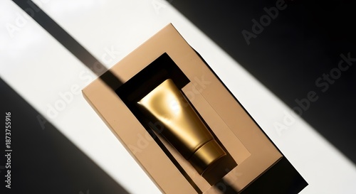 Golden Cosmetic Tube on Brown Background with Sunlight