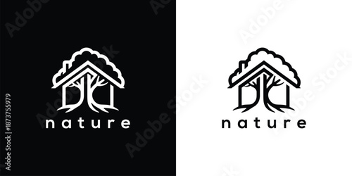 A logo featuring a stylized tree within a house outline, symbolizing harmony with nature, presented in contrasting black and white backgrounds.