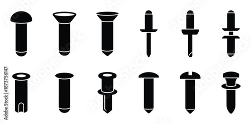 Set of Rivet Icons, Fasteners, Bolts, Various Types, Black and White Vector Illustration