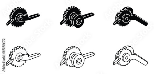 Set of Six Cranking Mechanisms with Gears in Isometric Perspective