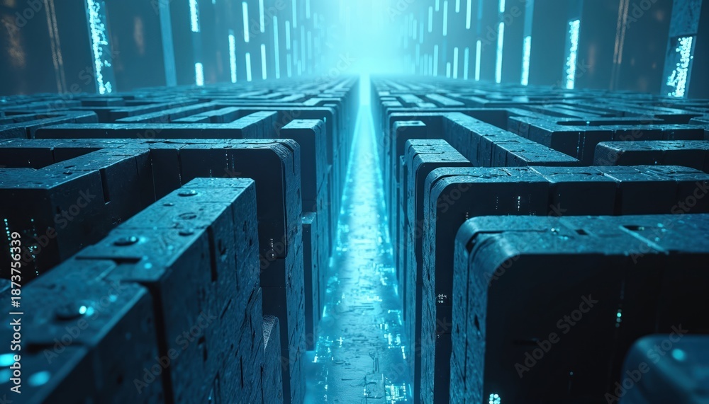 Fototapeta premium Digital maze with glowing blue light. Endless corridor perspective shows complex structure and pathfinding challenge. Futuristic labyrinth background.