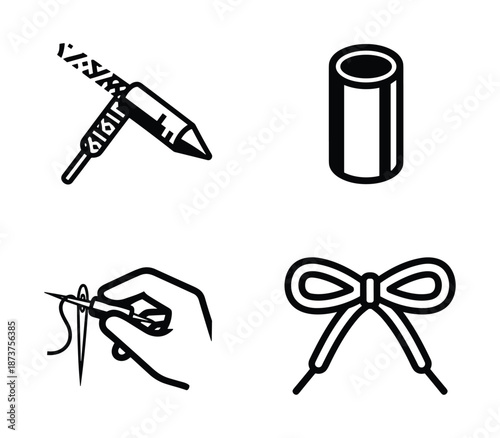 Sewing and Crafting Icons: Needle, Thread, Tube, and Ribbon