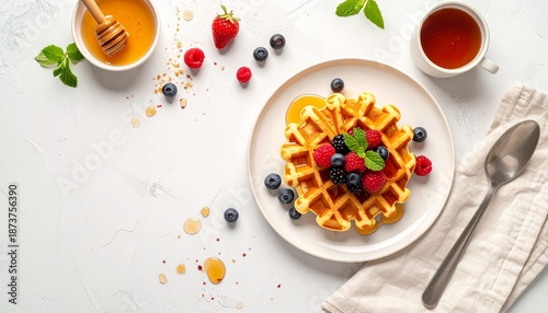 Wallpaper Mural Overhead view of a toasted waffle with fresh berries on a white plate with a cup of tea and honey on a white marble surface with scattered fruit and drizzled honey. Torontodigital.ca