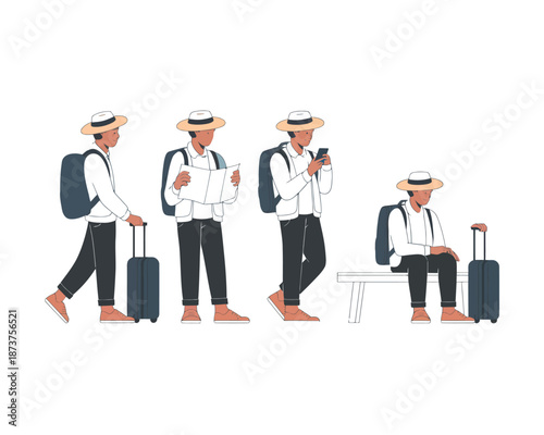 Solo male traveler's journey Walking, exploring maps, engaging with a smartphone, and waiting patiently with luggage